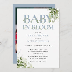 Baby In Bloom Dusty Blue Foliage Photo Baby Shower Invitation
