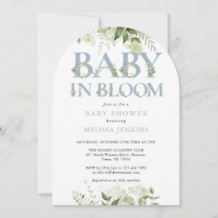 Baby In Bloom Dusty Blue Greenery Baby Shower Invitation