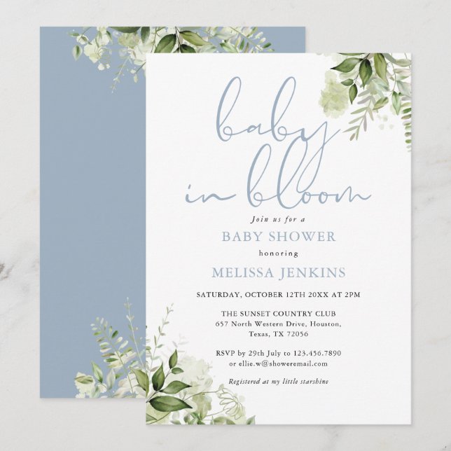 Baby In Bloom Dusty Blue Greenery Baby Shower Invitation (Front/Back)