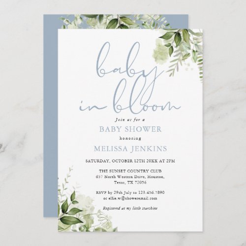 Baby In Bloom Dusty Blue Greenery Baby Shower Invitation