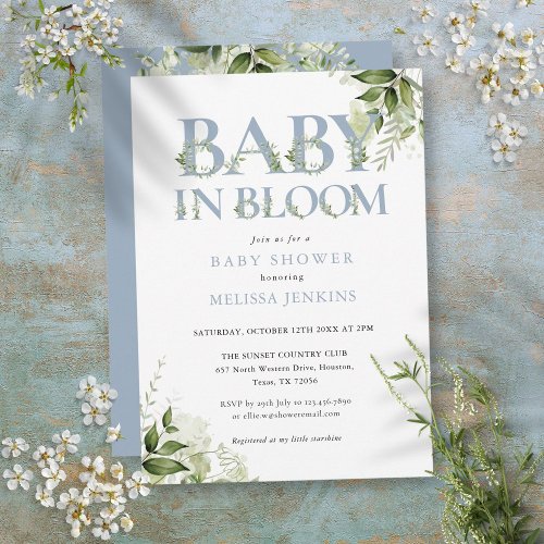 Baby In Bloom Dusty Blue Greenery Baby Shower Invitation