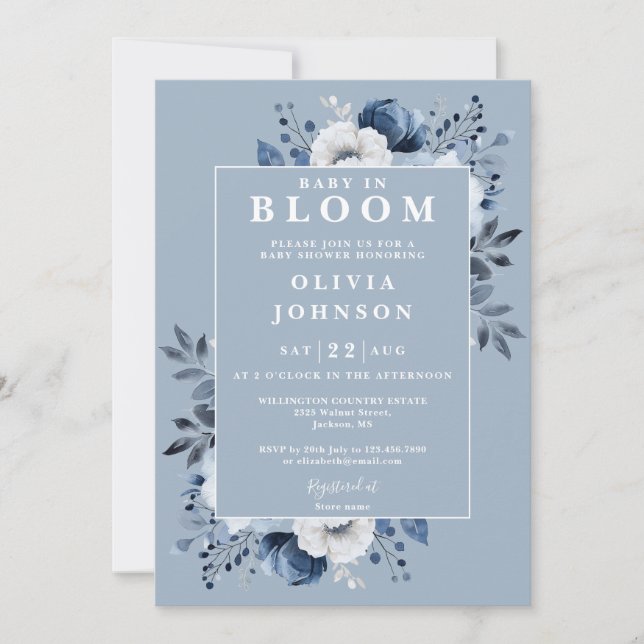 Baby In Bloom Dusty Blue Modern Floral Baby Shower Invitation (Front)