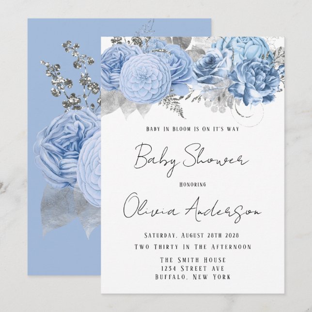 Baby in Bloom Dusty Blue Peony Baby Shower Invitation (Front/Back)