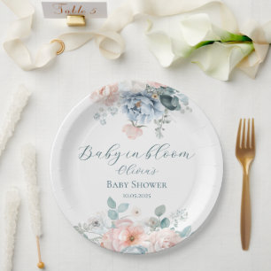 Baby in Bloom Dusty Blue Watercolor Baby Shower Paper Plates