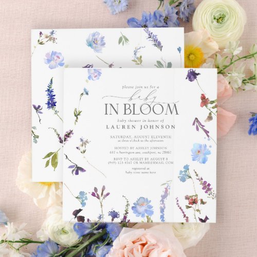Baby In Bloom Dusty Blue Watercolor Floral Shower Invitation
