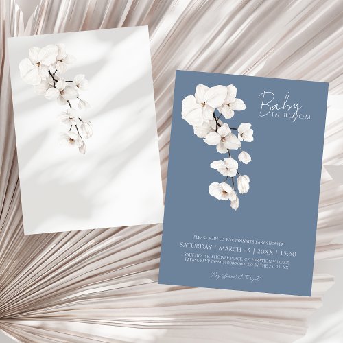 Baby in Bloom Dusty Blue White Orchids Baby Shower Invitation