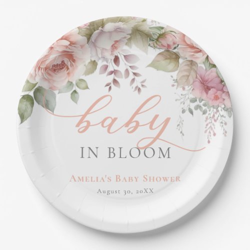 Baby In Bloom Dusty Pink Floral Peonies Paper Plates