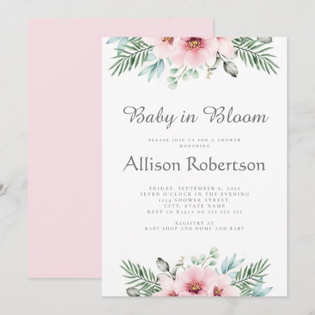 Baby In Bloom Dusty Pink Watercolor Baby Shower Invitation (Front/Back)