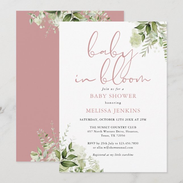 Baby In Bloom Dusty Rose Greenery Baby Shower Invitation (Front/Back)