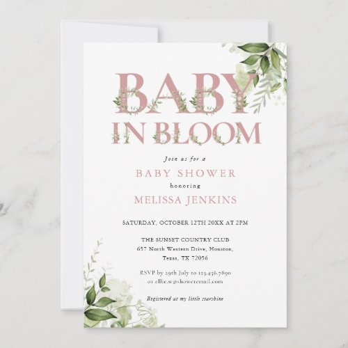 Baby In Bloom Dusty Rose Pink Greenery Baby Shower Invitation
