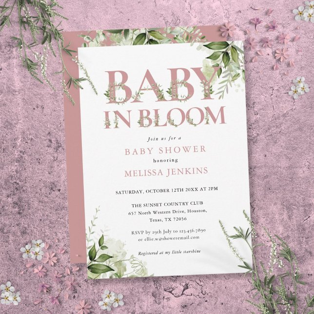 Baby In Bloom Dusty Rose Pink Greenery Baby Shower Invitation (Baby In Bloom Dusty Rose Pink Greenery Baby Shower Invitation)