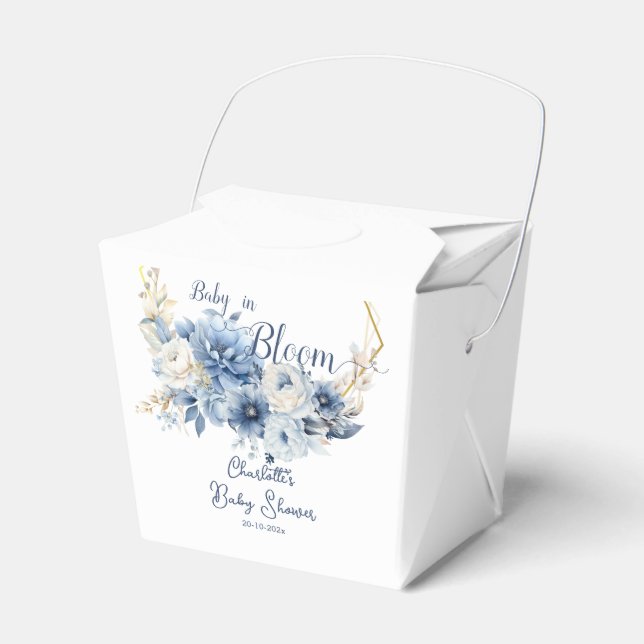 Baby In Bloom Elegant Blue Flowers Baby Shower Favor Boxes (Front Side)