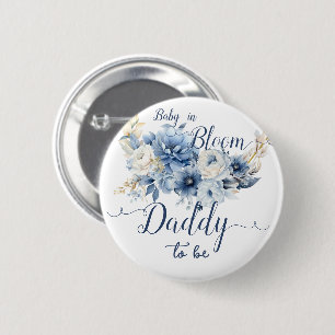 Baby In Bloom Elegant Blue Flowers Daddy-to-be Button