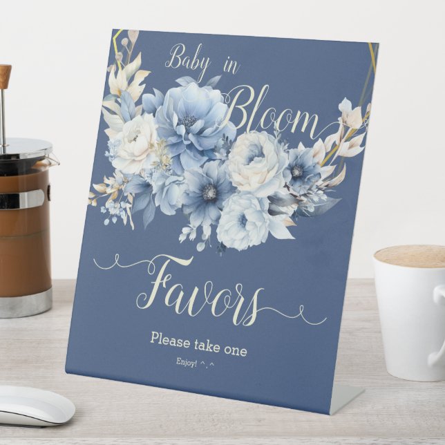 Baby In Bloom Elegant Blue Flowers Favors Pedestal Sign (In SItu)