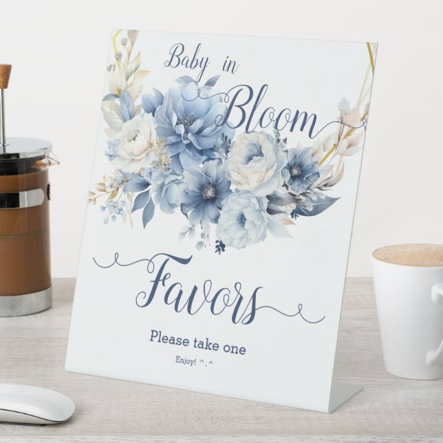 Baby In Bloom Elegant Blue Flowers Favors Pedestal Sign (In SItu)