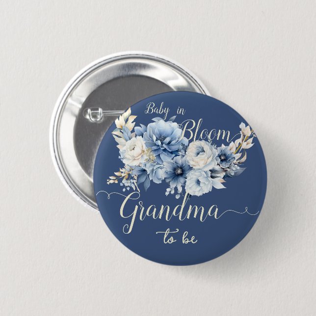 Baby In Bloom Elegant Blue Flowers Grandma-to-be Button (Front & Back)