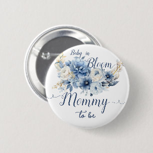 Baby In Bloom Elegant Blue Flowers Mommy-to-be Button