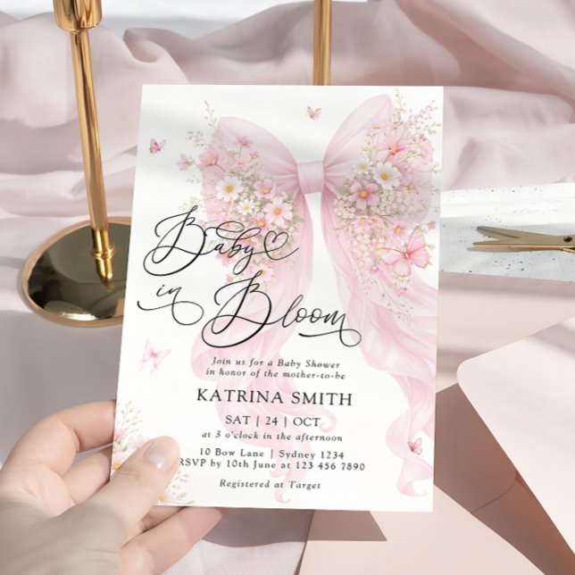 Baby in Bloom Elegant Blush Pink Bow Baby Shower Invitation (Creator Uploaded)
