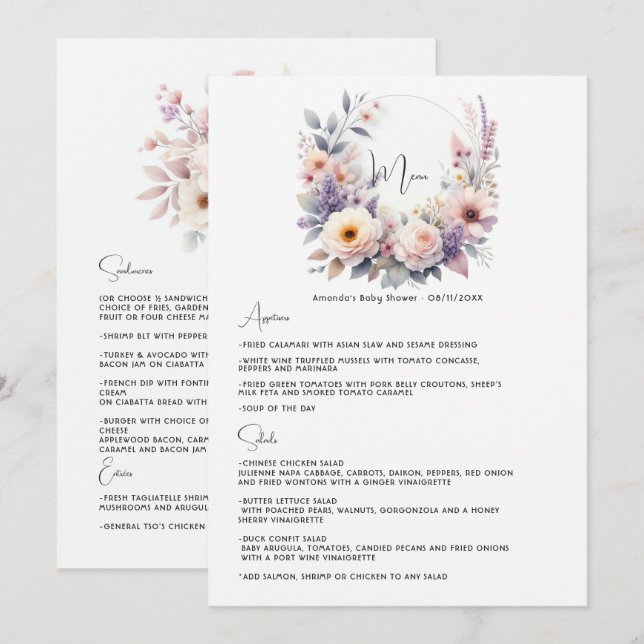 Baby in Bloom Elegant Floral Baby Shower Menu (Front/Back)