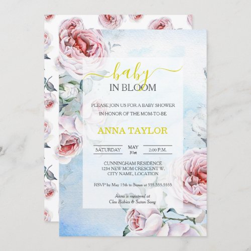 Baby in Bloom Elegant Floral Blue Baby Shower Invitation