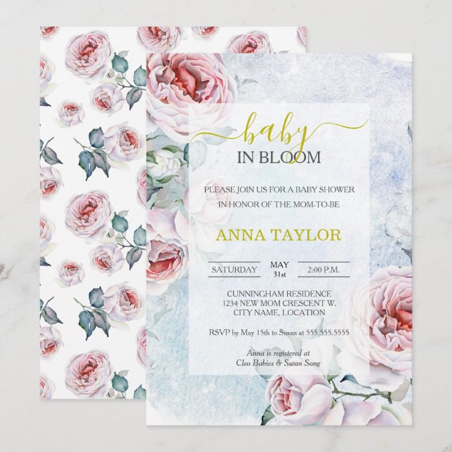 Baby in Bloom Elegant Floral Blue Baby Shower Invitation (Front/Back)