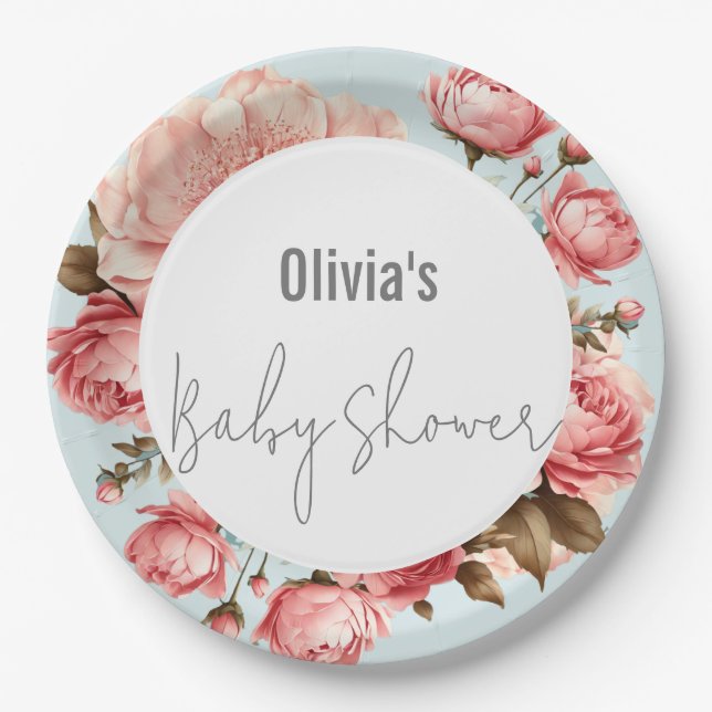 Baby in Bloom Elegant Flower Pink Baby Shower Paper Plates (Front)