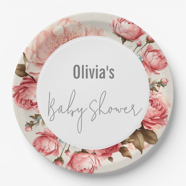 Baby in Bloom Elegant Flower Pink Baby Shower Paper Plates (Front)