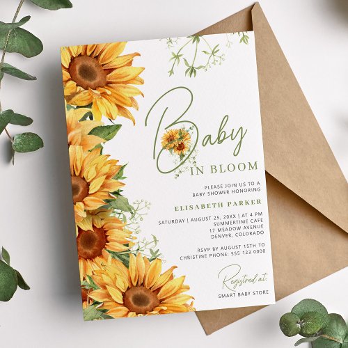 Baby in bloom elegant sunflower floral baby shower invitation