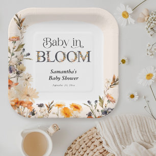 Baby in Bloom Elegant Watercolor Fall Wildflowers Paper Plates