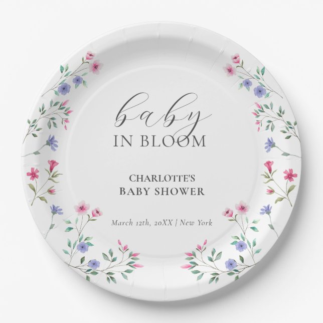 Baby In Bloom | Elegant Wildflower Baby Shower Paper Plates (Front)