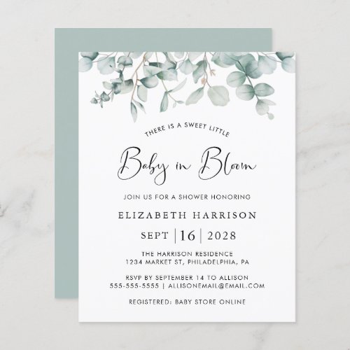 Baby in Bloom Eucalyptus Budget Shower Invitation