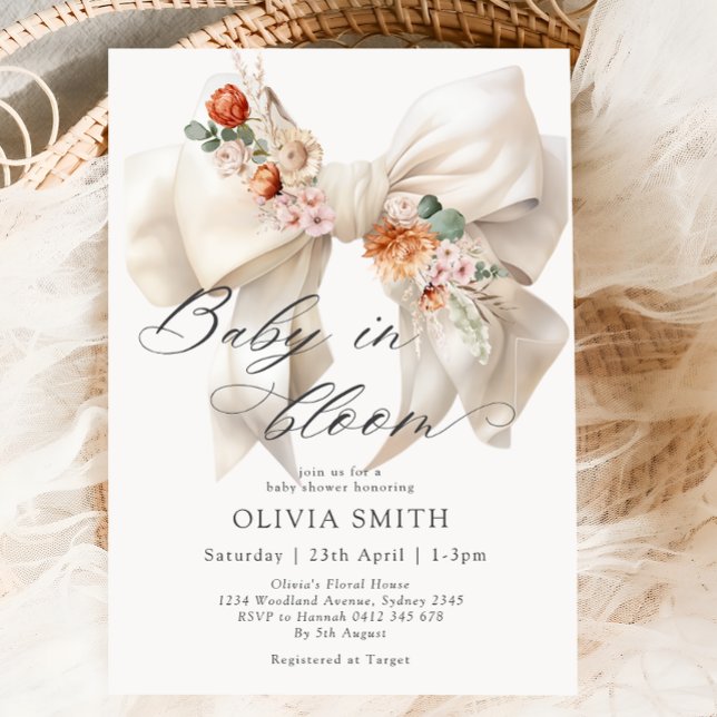 Baby in Bloom Fall White Bow Baby Shower Invitation (Creator Uploaded)