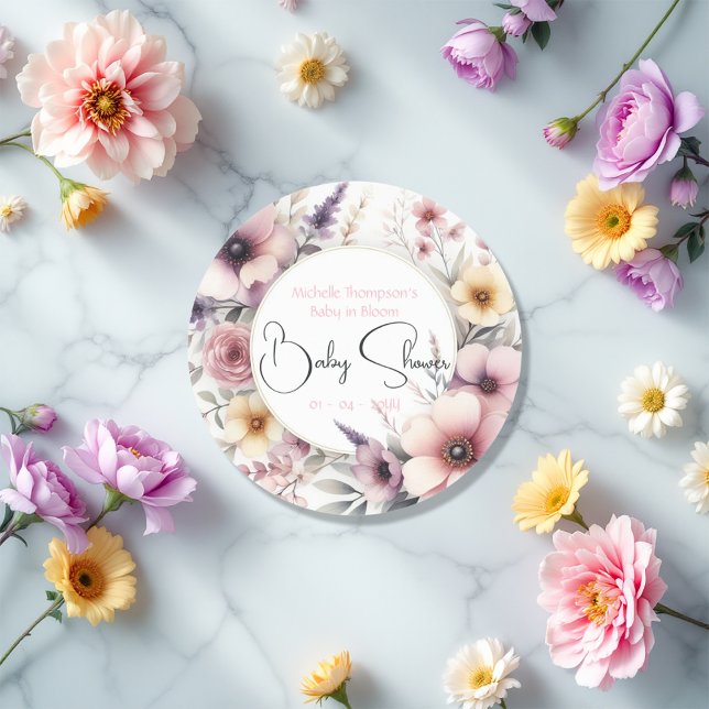 Baby in Bloom Floral Baby Shower Classic Round Sticker (Baby in Bloom Floral Baby Shower Classic Round Sticker)