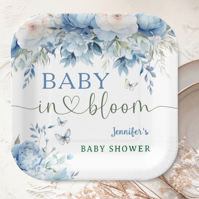 Baby in Bloom Floral Baby Shower Dusty Blue Paper Plates (Creator Uploaded)