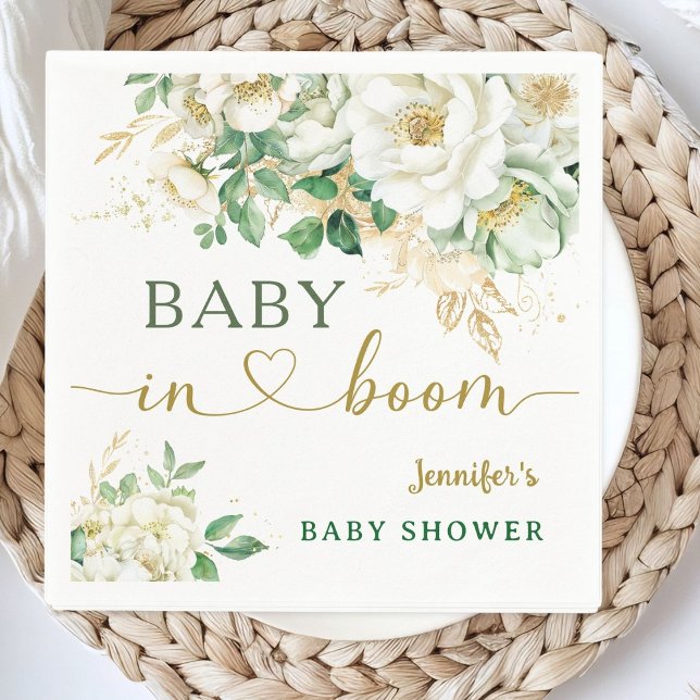 Baby in Bloom Floral Baby Shower Sage Green Gold  Napkins (Creator Uploaded)