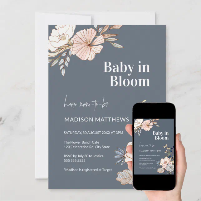 Baby in Bloom Floral Blue Baby Shower Invitation Zazzle