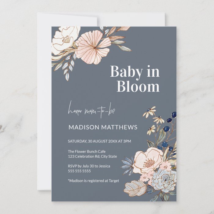 Baby in Bloom Floral Blue Baby Shower Invitation