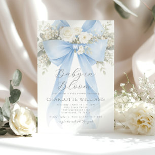 Baby in Bloom Floral Blue Bow Baby Shower Invitation
