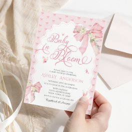 Baby in Bloom Floral Blush Pink Bow Baby Shower Invitation