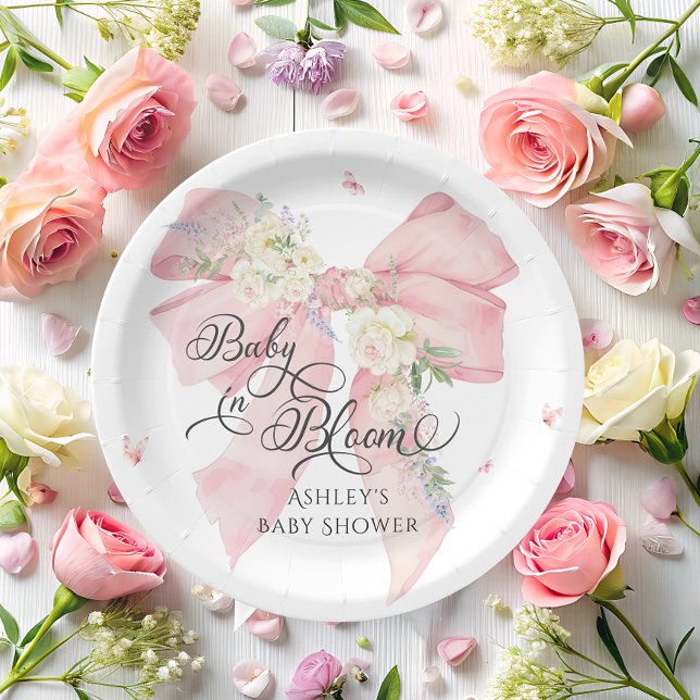 Baby In Bloom Floral Bow Elegant Baby Shower Paper Plates (Creator Uploaded)