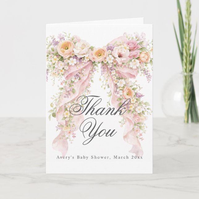 Baby in bloom Floral Bow Girl Baby Shower  Thank You Card (Front)