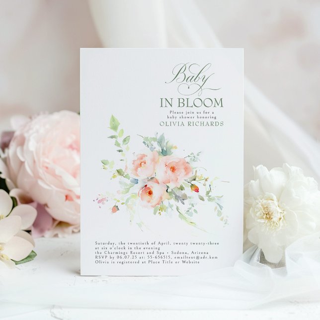 Baby In Bloom Floral Elegant Baby Shower Invitation (Pink Floral Baby In Bloom Baby Shower Invitation)