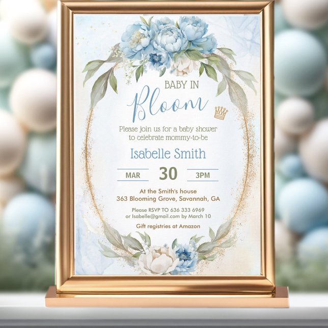 Baby In Bloom Floral Elegant Blue Boy Baby Shower Invitation (Baby In Bloom Floral Elegant Blue Boy Baby Shower Invitation)