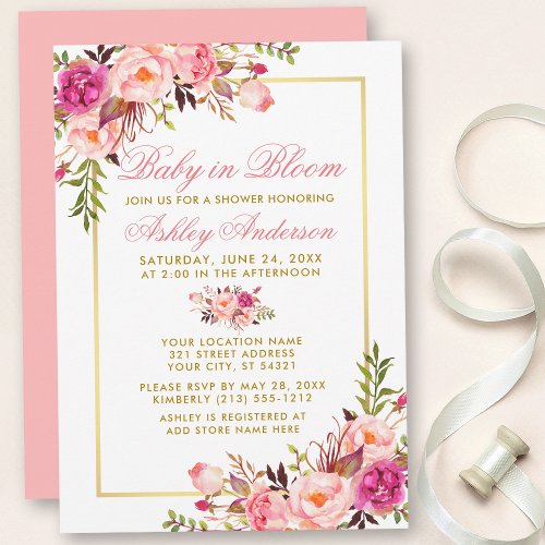 Baby In Bloom Floral Pink Blush Gold Shower Invitation