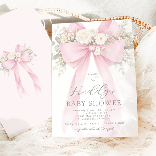 Baby in Bloom Floral Pink Bow Baby Shower Invitation (Creator Uploaded)
