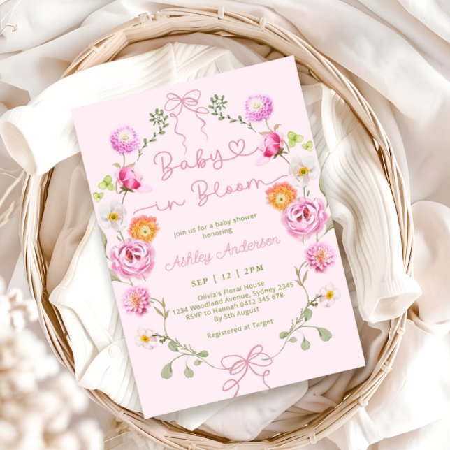 Baby in Bloom Floral Pink Bow Baby Shower Invitation (Creator Uploaded)