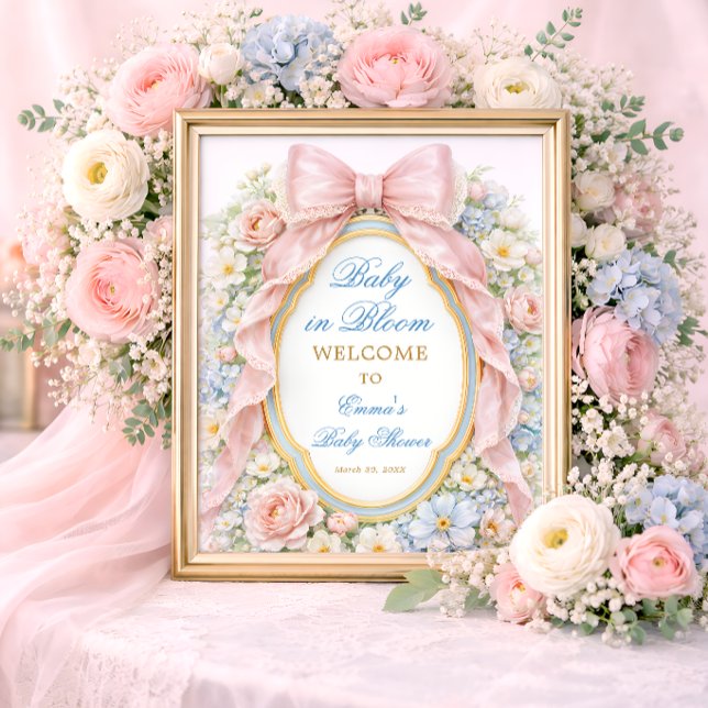 Baby in Bloom Floral Pink Bow Baby Shower Welcome Poster (Creator Uploaded)