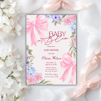 Baby in Bloom Floral Pink Bow girl baby Shower Invitation