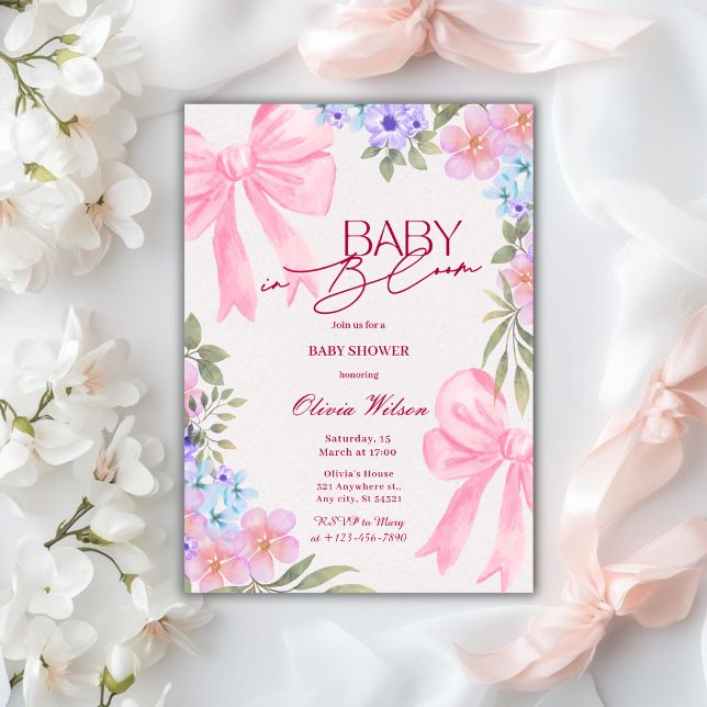 Baby in Bloom Floral Pink Bow girl baby Shower Invitation (Creator Uploaded)