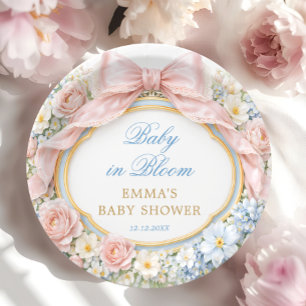 Baby in Bloom Floral Pink Bow Girl Baby Shower Paper Plates
